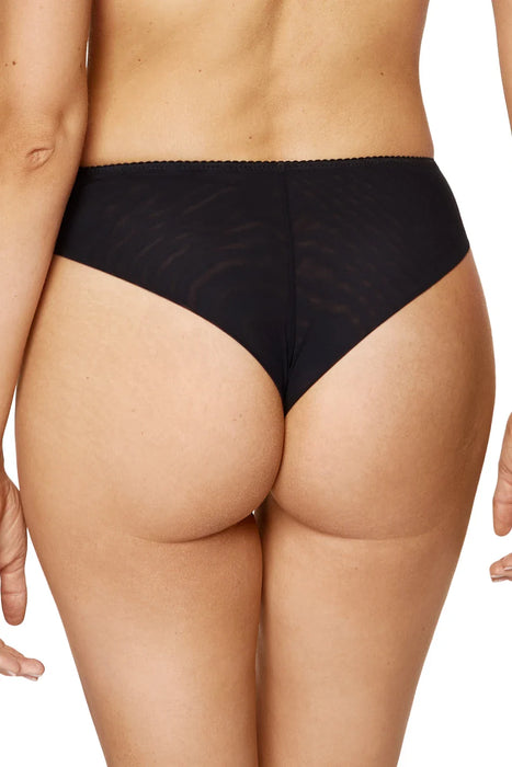 Back view of Gorteks Mare Brazilian Thong Panty in sheer black mesh, offering minimal coverage and a smooth fit.