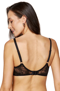 Back view of Sheer Mesh Plunge Bra Gorteks Mare in black with palm tree embroidery and adjustable straps. Part of Lavinia Lingerie collection.