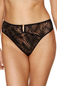 Front view of Sheer Mesh Brazilian Thong Panty Gorteks Mare in black with tropical embroidery, available at Lavinia Lingerie.