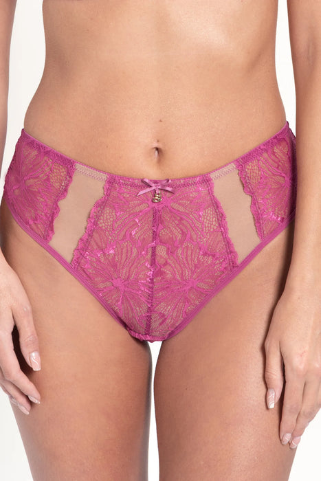 Samanta Mila Lace Brief Panty in raspberry with Italian lace and classic mid-rise fit, featuring sheer panels and feminine floral detailing.