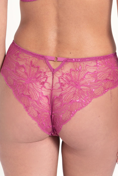 Samanta Mila Lace Brief Panty in raspberry with Italian lace and keyhole back detail, classic mid-rise fit, OEKO-TEX certified for comfort.