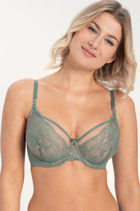 Front view of woman in green lace plunge bra with floral design