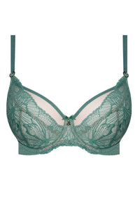 Close-up of green lace plunge bra with bow detail