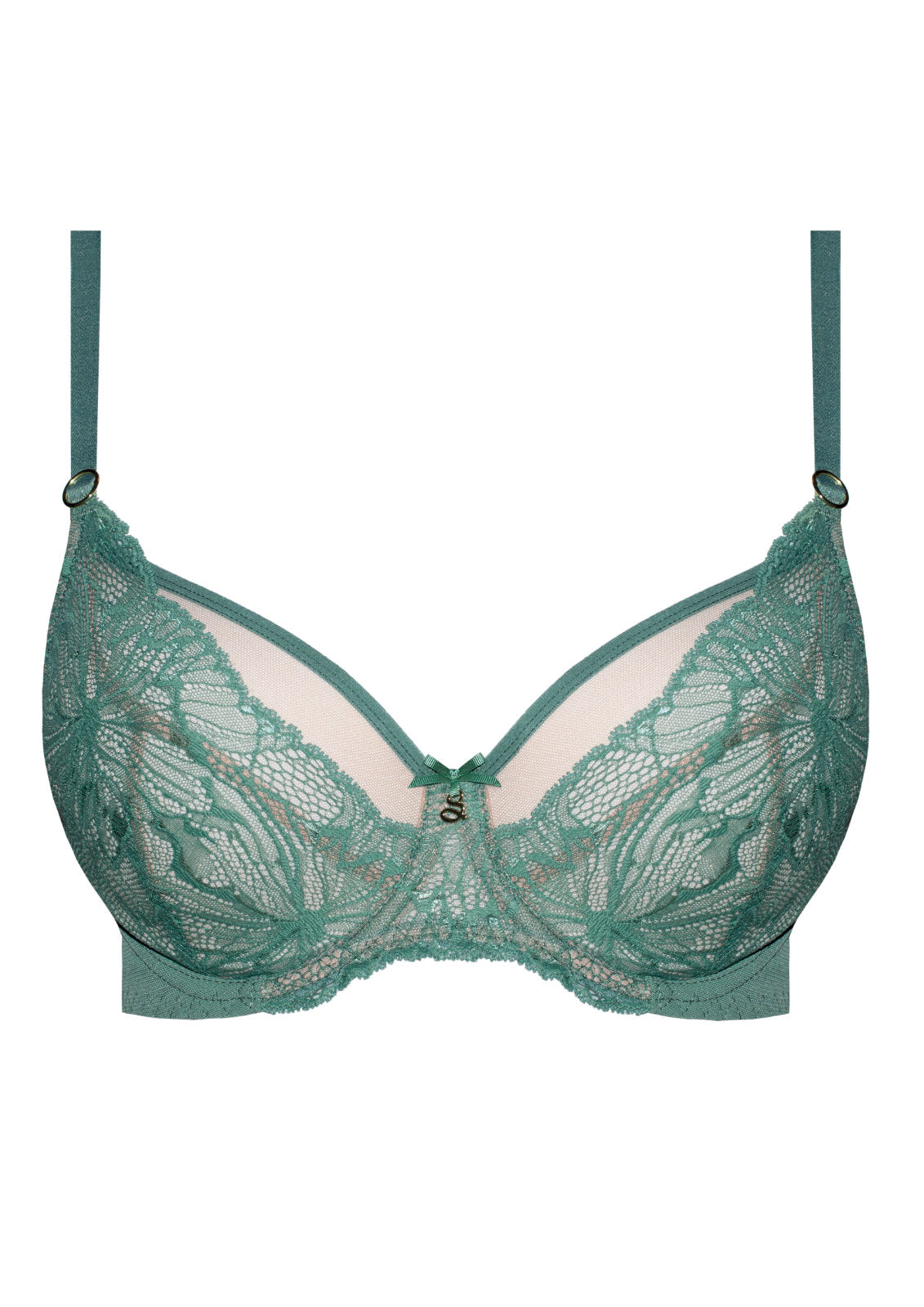 Close-up of green lace plunge bra with bow detail