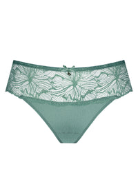 Model wearing green lace lingerie set, front view, seamless design