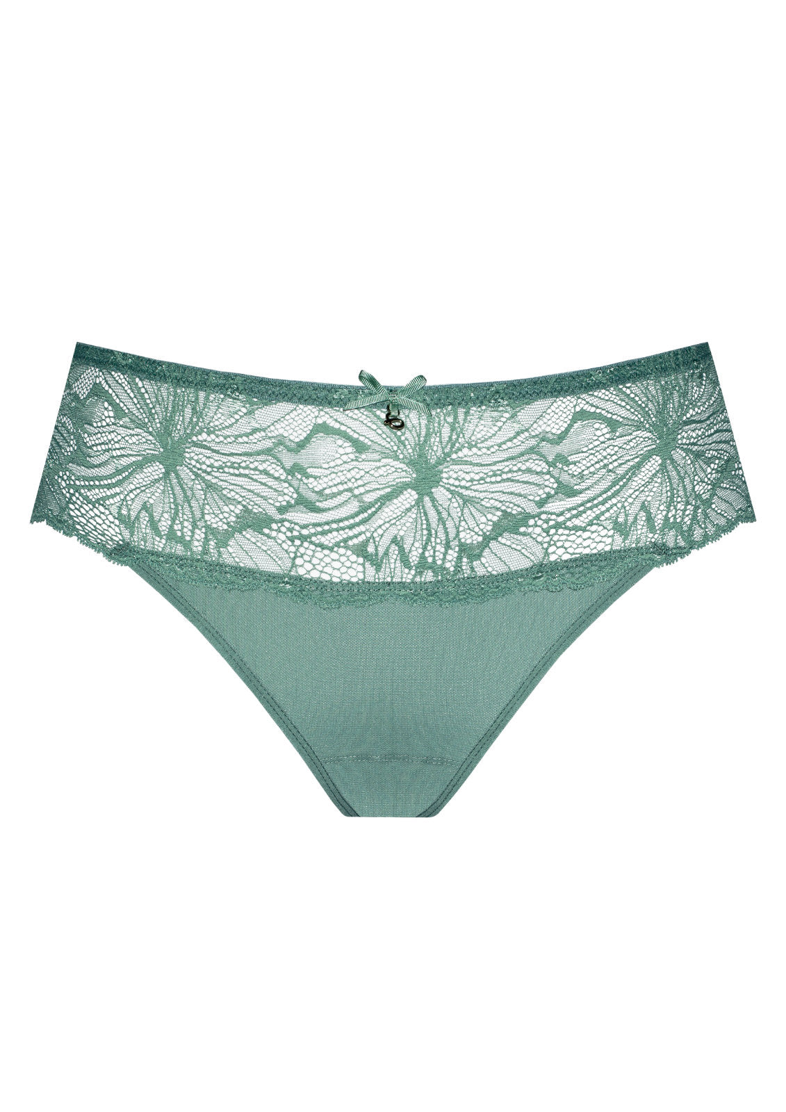 Model wearing green lace lingerie set, front view, seamless design