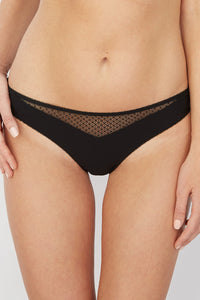 Strappy Bikini Panty Addiction Nouvelle Moulin in black with sheer lace front insert and soft microfiber fabric. Features a low-rise fit and thin waistband.