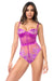 Shop Mapale's Sheer Embroidered Teddy @ Lavinia Lingerie in azalea purple with floral lace, underwire cups, and mesh bodice for a sexy silhouette.