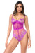 Shop Mapale's Sheer Embroidered Teddy @ Lavinia Lingerie in azalea purple with floral lace, underwire cups, and mesh bodice for a sexy silhouette.
