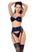 Mapale Velvet Bloom 3pc lingerie set in navy blue with floral velvet embroidery, featuring underwire bra, garter belt, and thong panty.