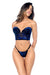 Mapale Velvet Bloom Longline Bra & String Panty Set in navy blue with floral mesh and lace trim, featuring a deep V-cut and sheer panels.