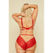 Back pose of model in Soft Lace High Waist Brief Panty Plus Size and matching red lace bra, featuring sheer lace and satin waistband details.