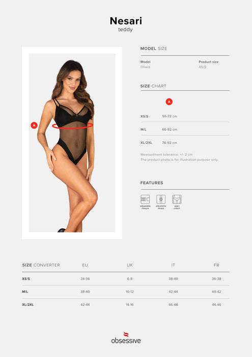 Size chart and model fit guide for Sheer Crotchless Teddy Nesari by Obsessive, detailing measurements and features for perfect lingerie sizing.