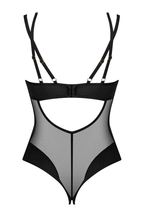 Rear flat view of Sheer Crotchless Teddy Nesari highlighting adjustable double straps, open back, and sheer mesh fabric for a daring lingerie fit.