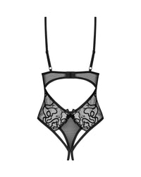 Back flat lay of Blomentis Lace Bodysuit - Crotchless Lingerie showing open back, bow detail, and sheer lace, perfect for naughty gift ideas.