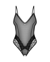 Front flat lay of Blomentis Sheer Crotchless Lace Bodysuit with V-neckline and floral lace panels, part of the Summer 2024 erotic lingerie line.
