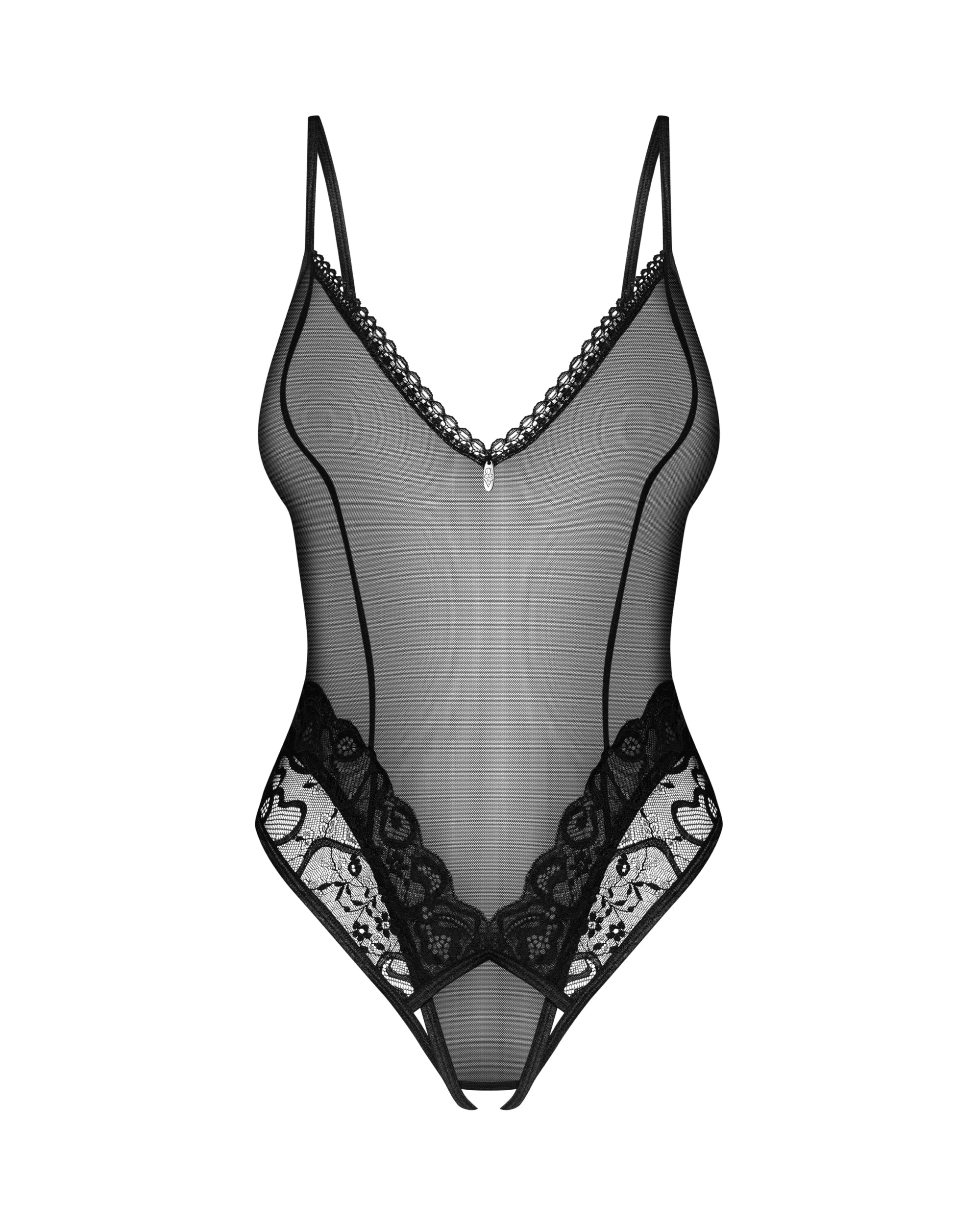 Front flat lay of Blomentis Sheer Crotchless Lace Bodysuit with V-neckline and floral lace panels, part of the Summer 2024 erotic lingerie line.