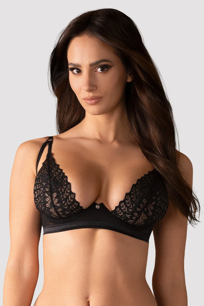 Sheer Lace Plunge Bra Donarella in black with underwire support and floral lace detailing, modeled to highlight deep plunge neckline.