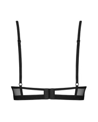 Back view of Sheer Lace Plunge Bra Donarella showing adjustable straps and mesh band with hook-and-eye closure for a secure fit.