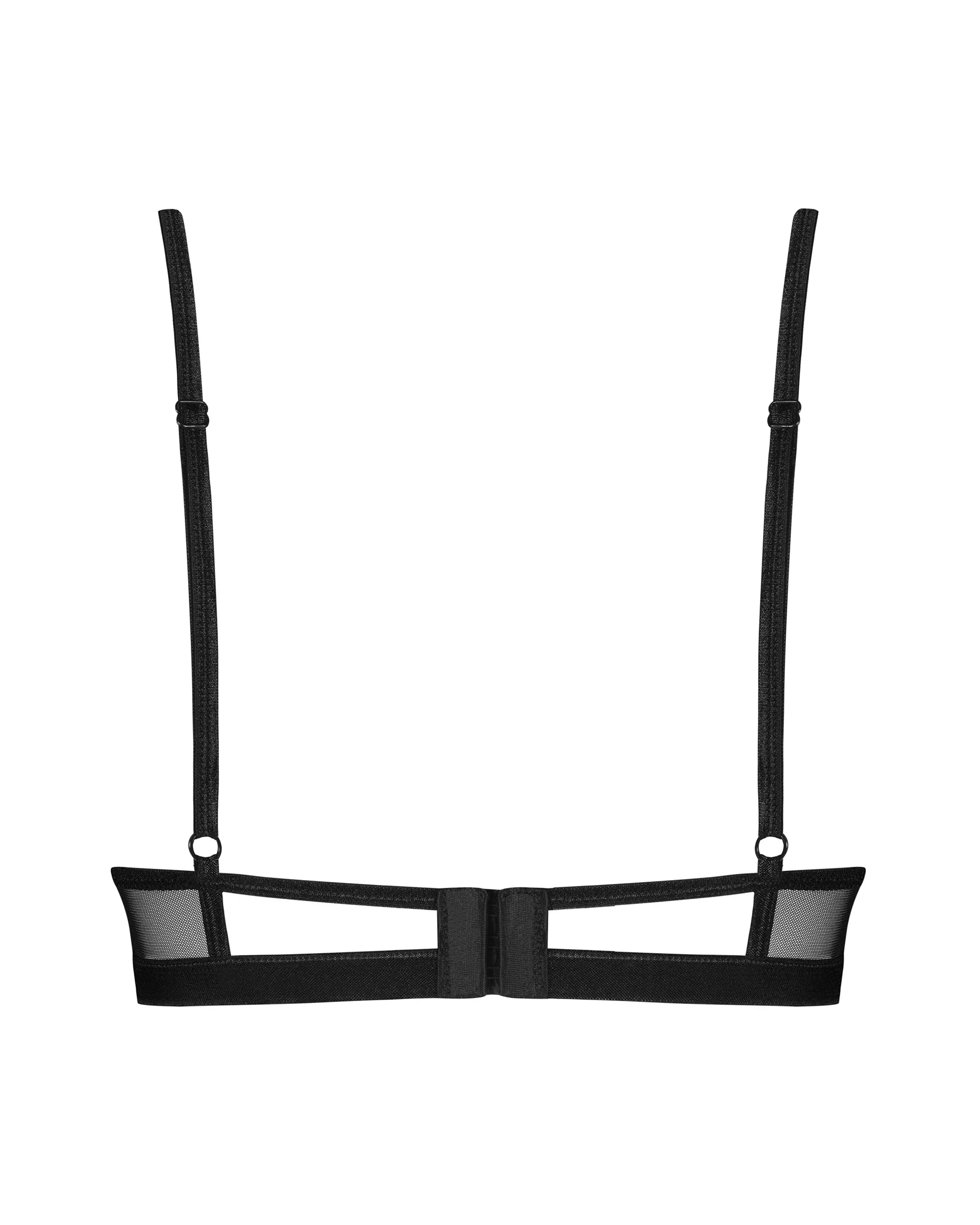 Back view of Sheer Lace Plunge Bra Donarella showing adjustable straps and mesh band with hook-and-eye closure for a secure fit.