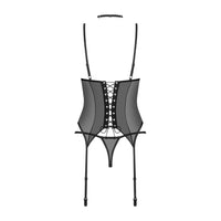Back flat lay of Sheer Mesh Lace Corset String Panty Obsessive Donarella Black Lingerie showing lace-up back and adjustable straps.
