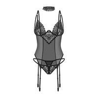 Flat lay of Sheer Mesh Lace Corset String Panty Obsessive Donarella Black Lingerie set including choker, lace corset, and string panty.