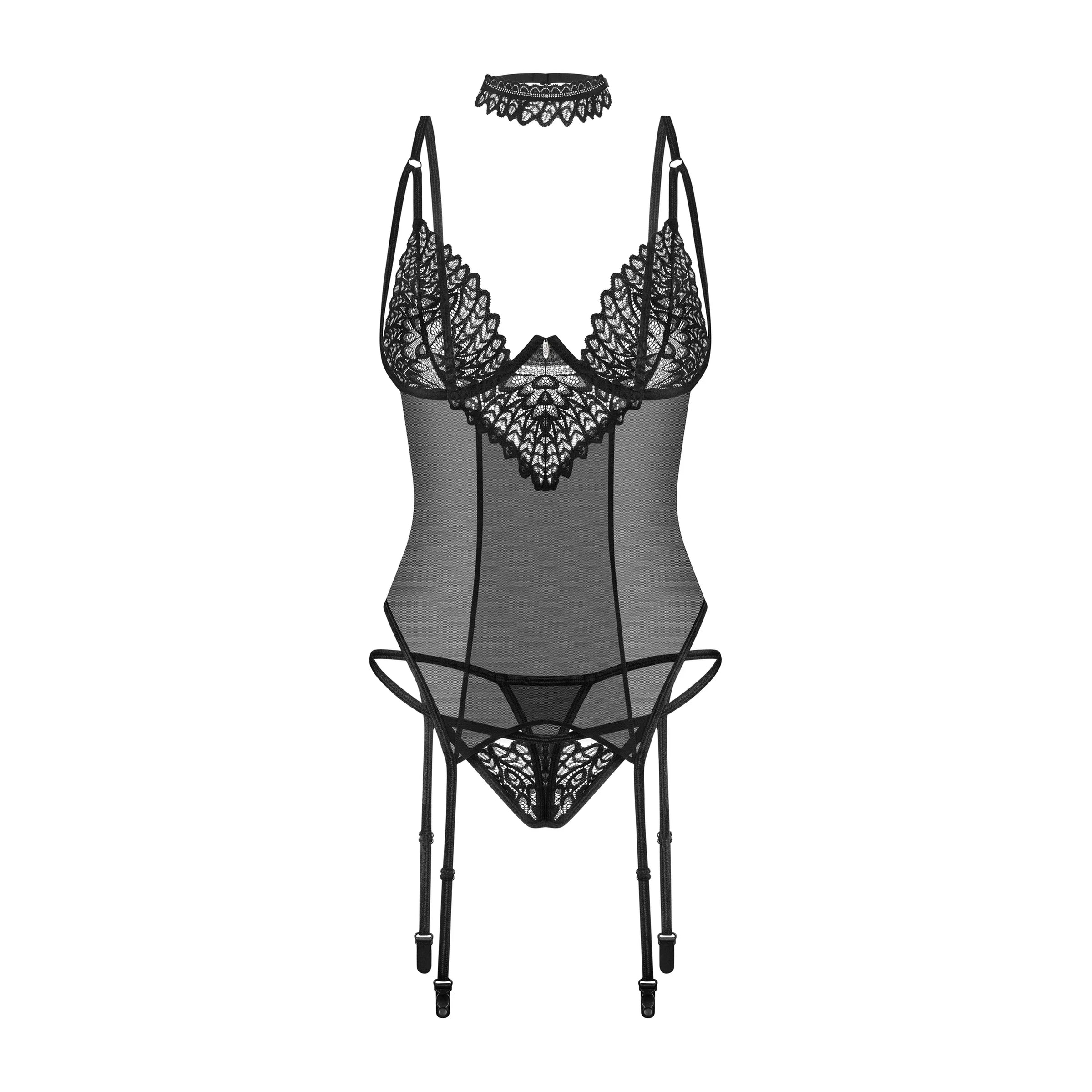 Flat lay of Sheer Mesh Lace Corset String Panty Obsessive Donarella Black Lingerie set including choker, lace corset, and string panty.