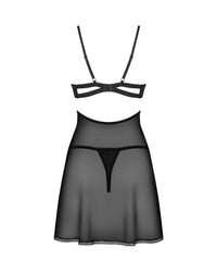 Rear flat lay of Sheer Lace Babydoll & String Panty Set Black Nutris highlighting the thong and open back mesh skirt, part of Obsessive's sexy lingerie line.