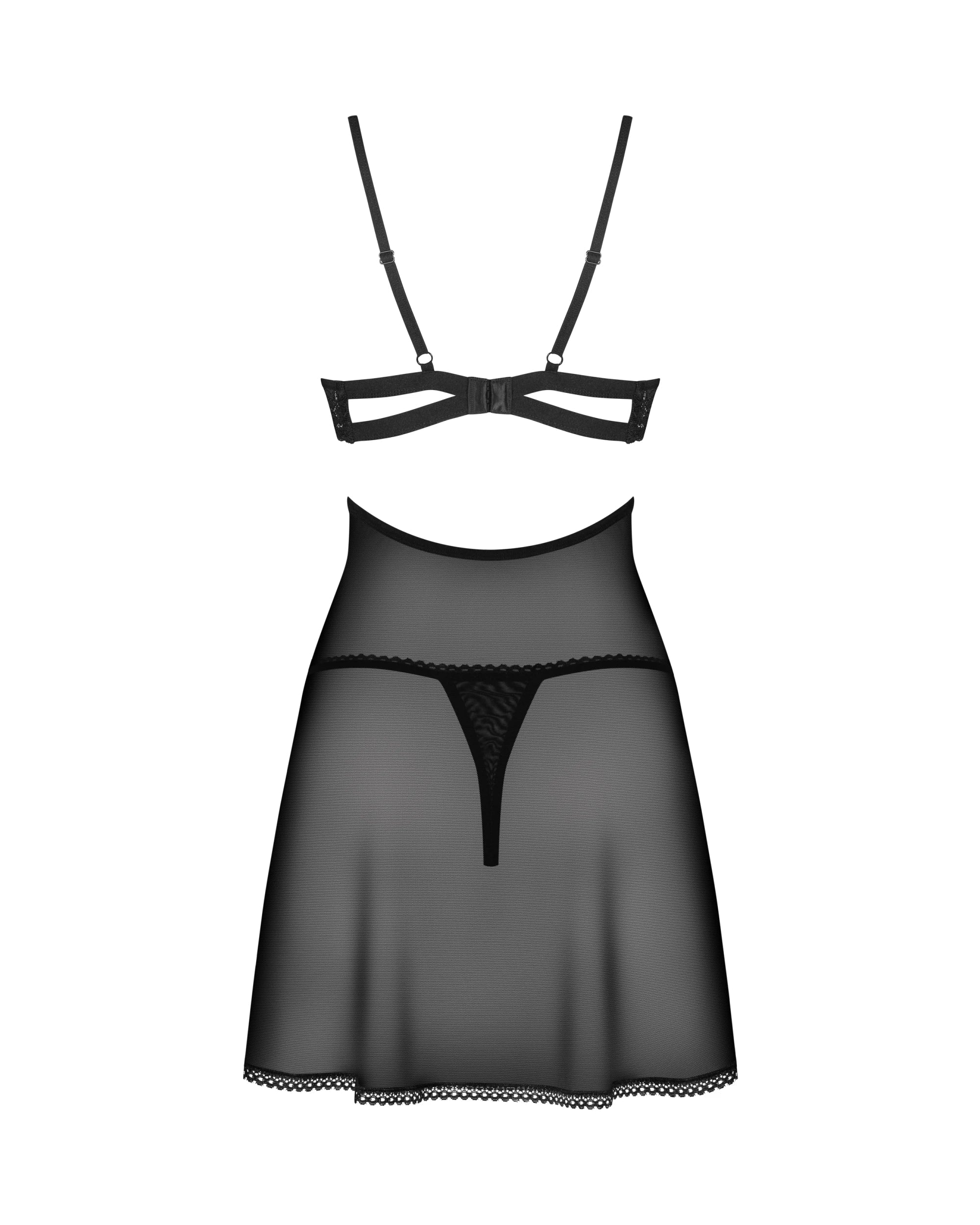 Rear flat lay of Sheer Lace Babydoll & String Panty Set Black Nutris highlighting the thong and open back mesh skirt, part of Obsessive's sexy lingerie line.