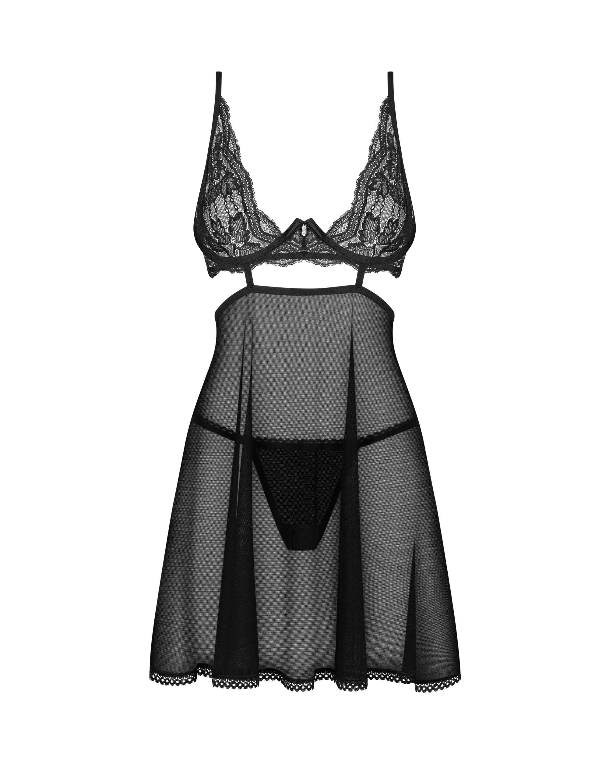Flat lay of Sheer Lace Babydoll & String Panty Set Black Nutris showing lace bralette and sheer mesh skirt, a two-piece lingerie set from Lavinia Lingerie.