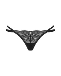 Flat lay of Lace Thong Obsessive Panty-Nutris in black, showcasing intricate floral lace and double waistband detail for a chic lingerie look.