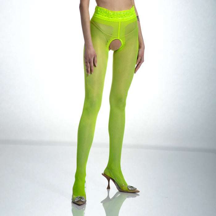Sexy Open Crotch Pantyhose 30DEN Hip Lace Fluo Yellow