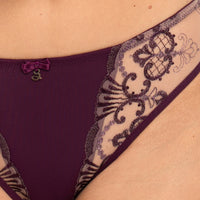 Samanta Perla Aubergine Sheer Mesh Tulle Embroidered Tanga Panty