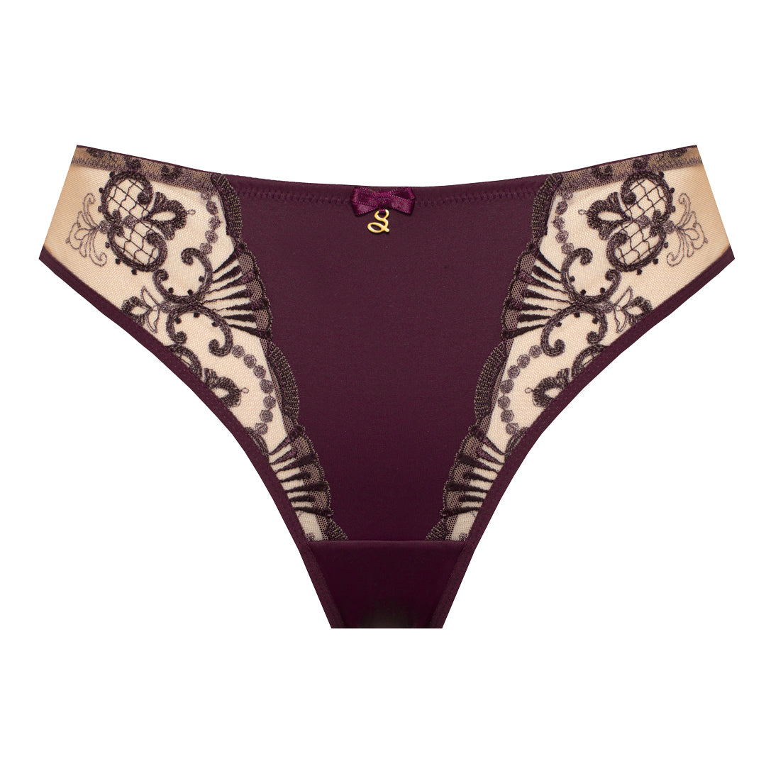 Samanta Perla Aubergine Sheer Mesh Tulle Embroidered Tanga Panty