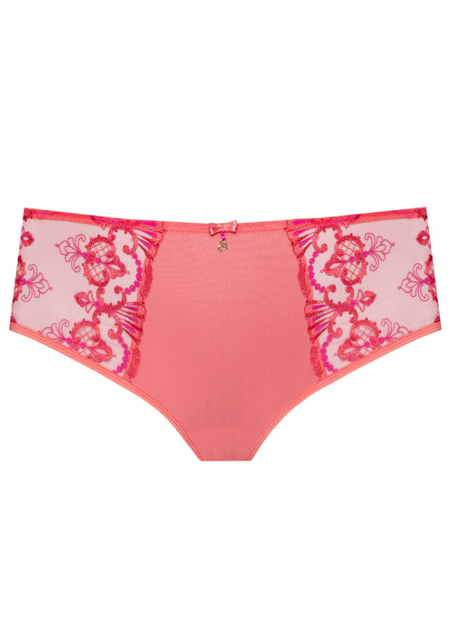 Sheer mesh tulle embroidered high brief panty in coral by Lavinia Lingerie, featuring floral side panels and mid-rise fit for a slimming silhouette.