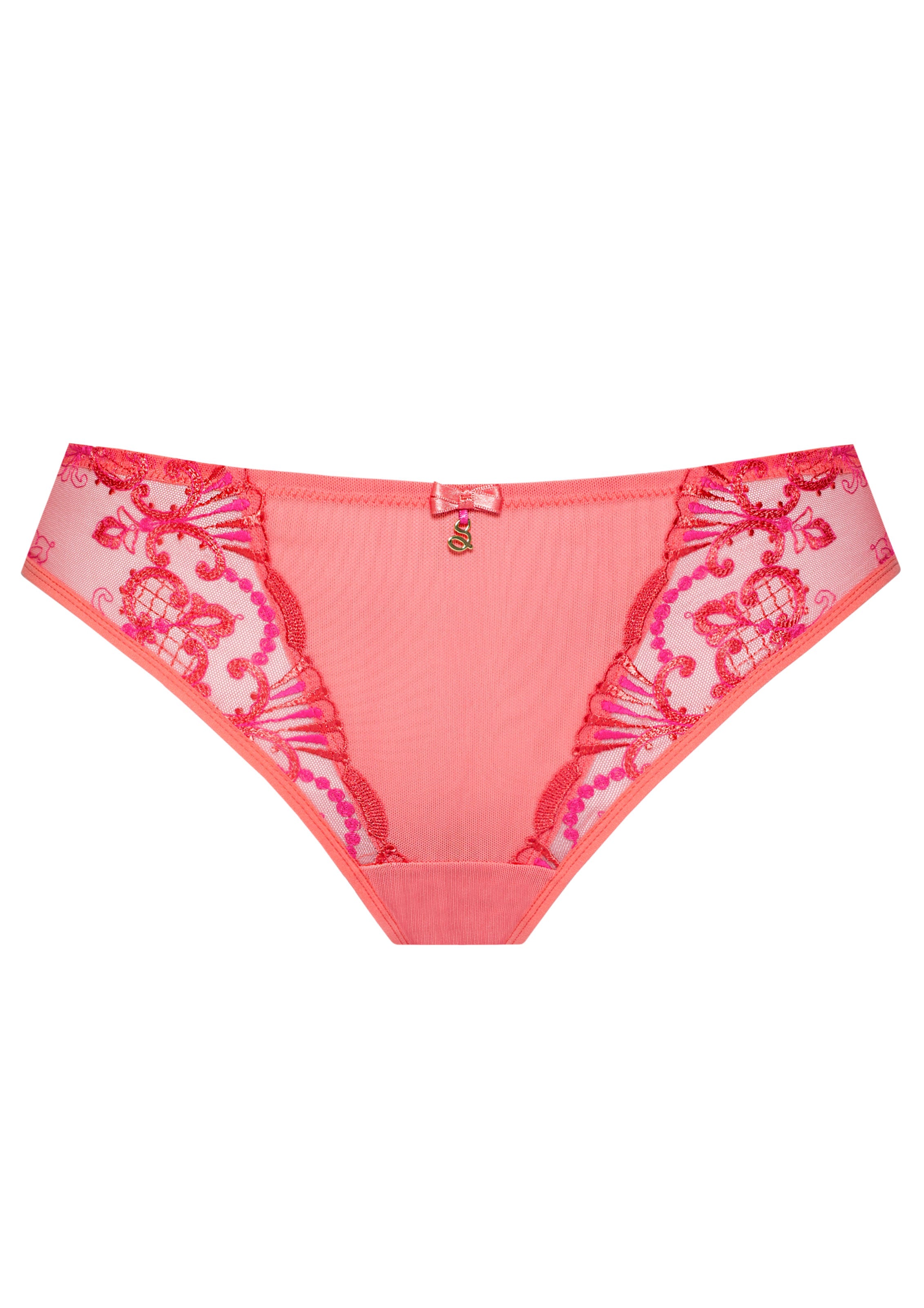 Sheer Mesh Tulle Embroidered Tanga Panty Perla Coral by Lavinia Lingerie with Swiss floral embroidery and seamless finish. Tanga-style cut below the navel.