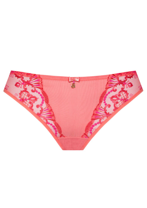 Sheer Mesh Tulle Embroidered Tanga Panty Perla Coral by Lavinia Lingerie with Swiss floral embroidery and seamless finish. Tanga-style cut below the navel.