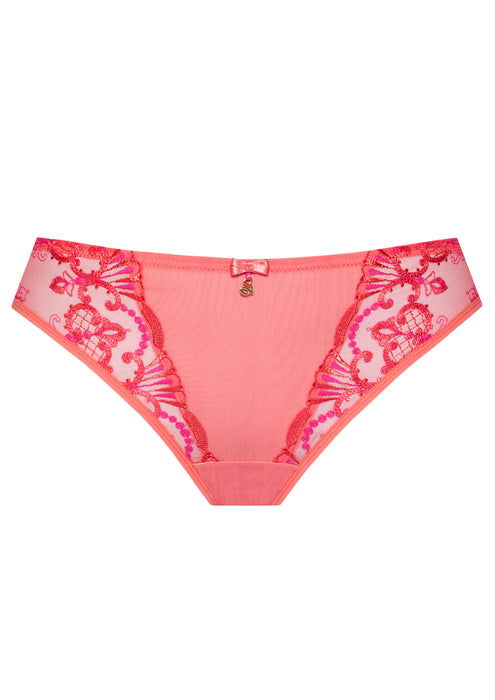 Sheer Mesh Tulle Embroidered Tanga Panty Perla Coral by Lavinia Lingerie with Swiss floral embroidery and seamless finish. Tanga-style cut below the navel.
