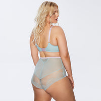 Rear angle of Kinga Pastellove Bra and high-waist panties set, featuring sheer mesh and lace for a flattering full figure fit.