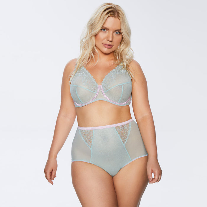 Kinga Pastellove Bra and matching high-waist panties in sheer mint mesh with lace, offering stylish support for fuller busts.