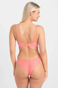 Rear view of Sheer Mesh Balconette Bra Perla Coral with matching coral panties. Adjustable fit and seamless back design for comfort.