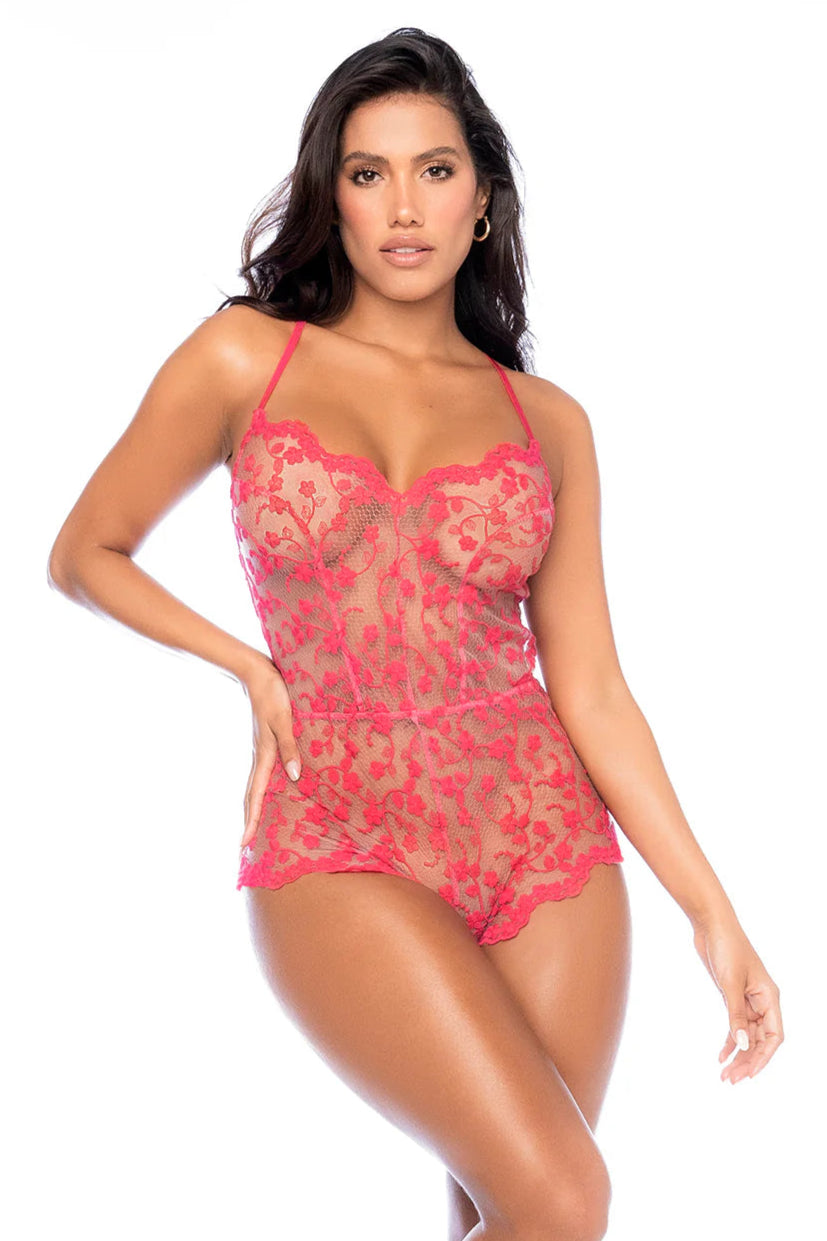 Sheer Lace Romper Mapale Cherry