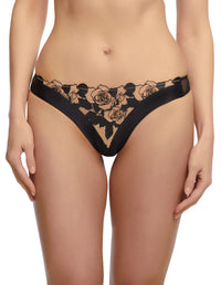 Dita Von Teese Rosabelle G-String Black with sheer tulle front, rose embroidery, and satin banding for a luxurious lingerie look.