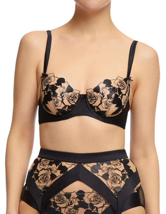 Front view of Dita Von Teese Rosabelle Underwire Balconette Bra Black paired with matching lingerie, featuring floral embroidery.