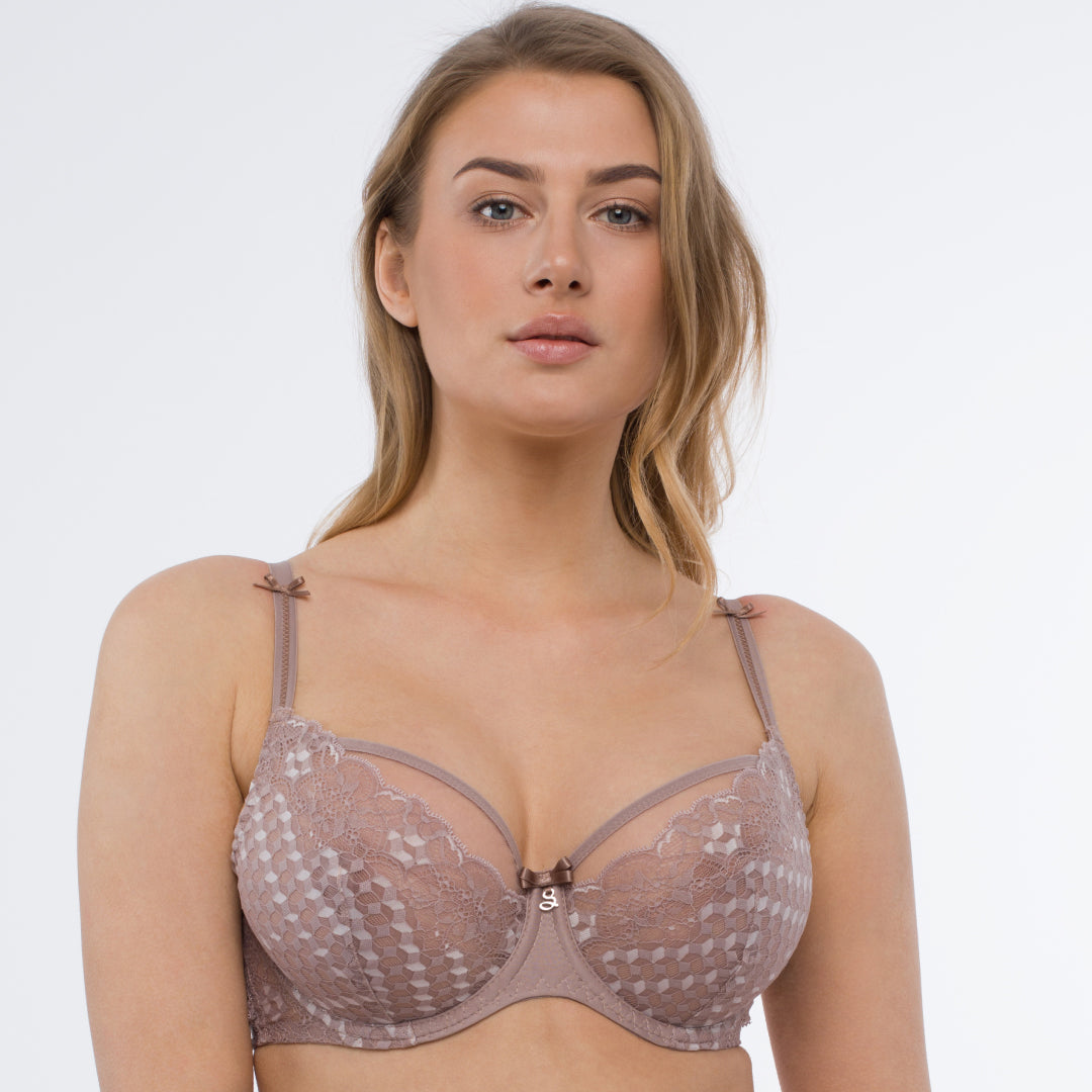 Curvy Sheer Mesh Tulle Tulip Seam Full Figure Bra Taupe Lingerie front view