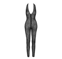 See Through Leopard Flock Halter Catsuit Noir Handmade