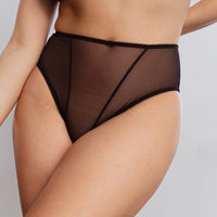 Blush Astrid Sheer High-Waist Brief Black featuring high-leg cut and sheer mesh fabric for a flattering silhouette in women's lingerie.