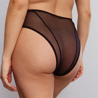 Back view of Blush Astrid Sheer High-Waist Brief Black showing high-rise fit and see-through mesh design for elegant shaping.