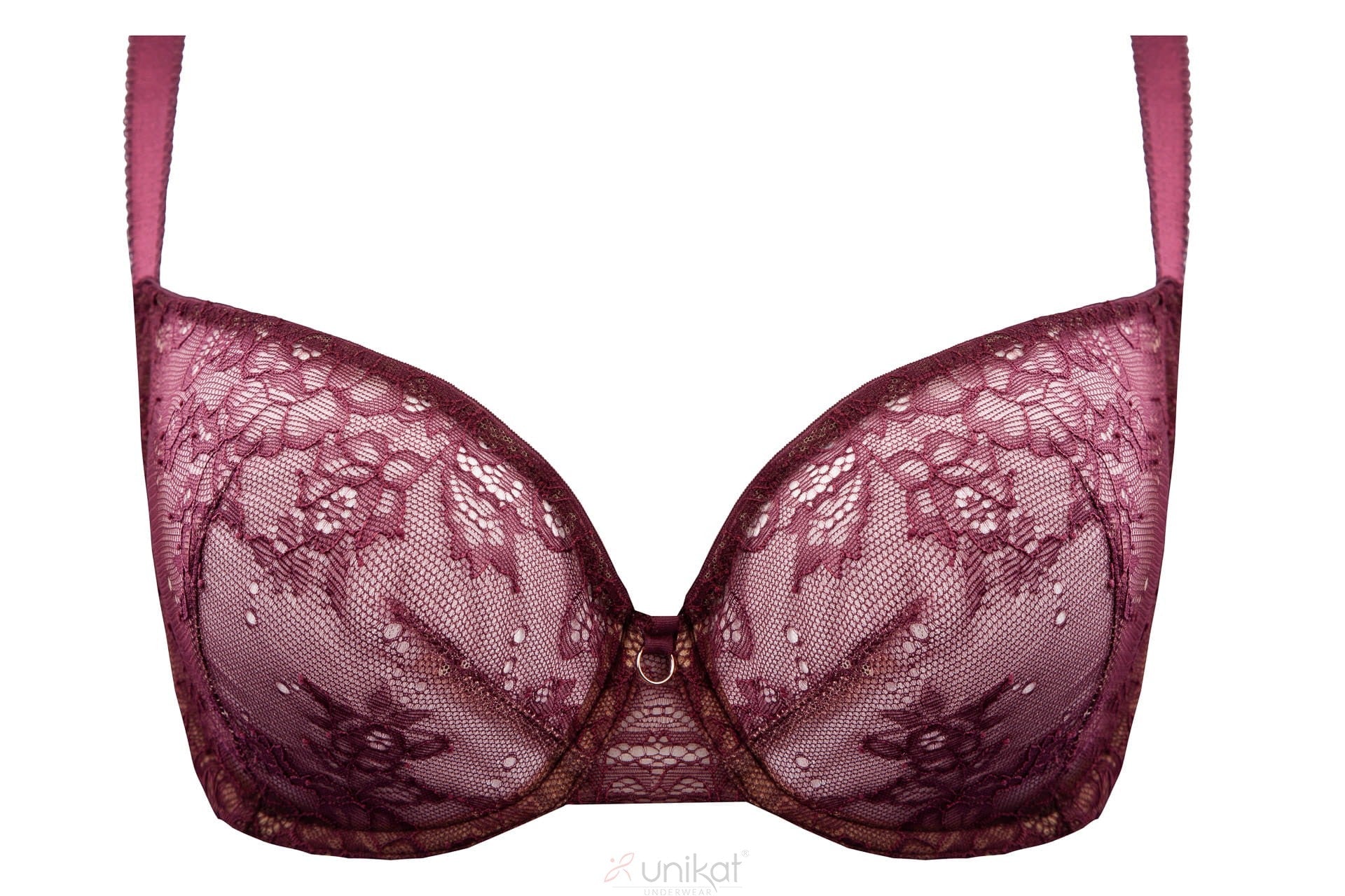 Sheer Mesh Lace Balconette Bra Caro in burgundy with floral lace detailing and underwire support, part of Lavinia Lingerie's new collection.