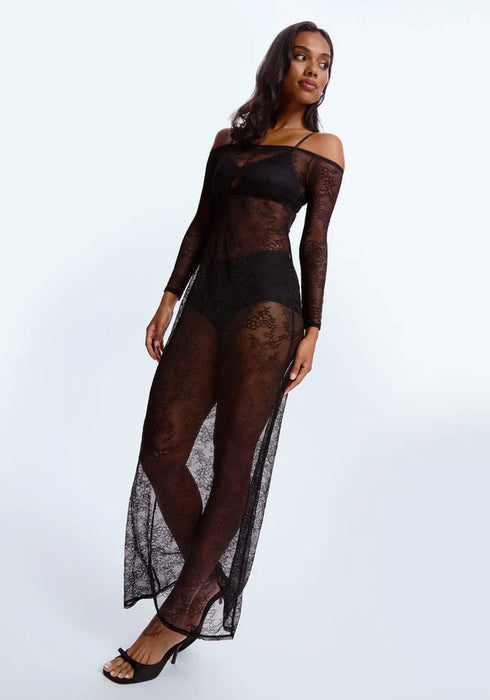 Sheer Lace Off-Shoulded Maxi Dress Blush Cascade Black